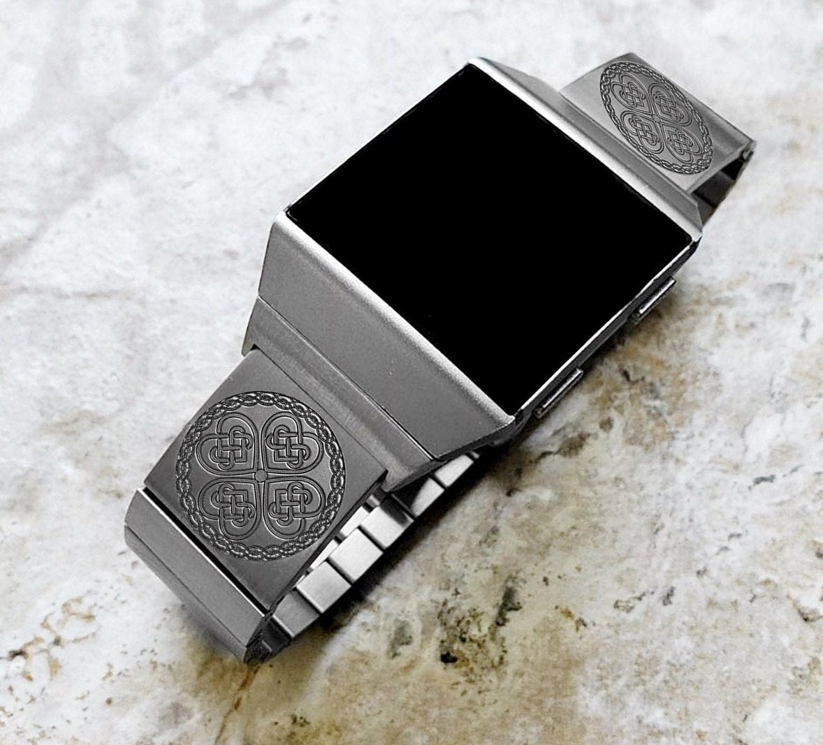 Engraved Watch Band Compatible with Fitbit Ionic Smartwatches Silver Color Stainless Steel Bracelet Strap with Quick Release Adapters CC3